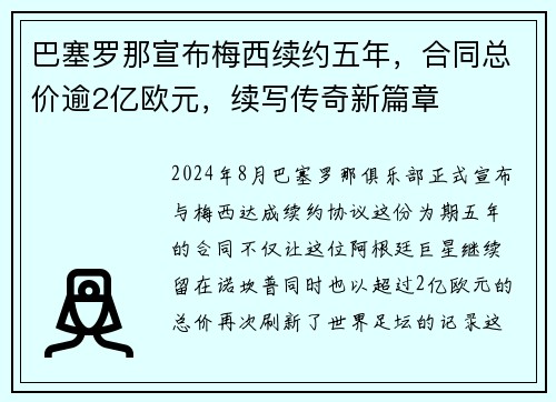 巴塞罗那宣布梅西续约五年，合同总价逾2亿欧元，续写传奇新篇章