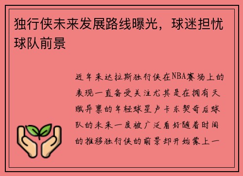 独行侠未来发展路线曝光，球迷担忧球队前景